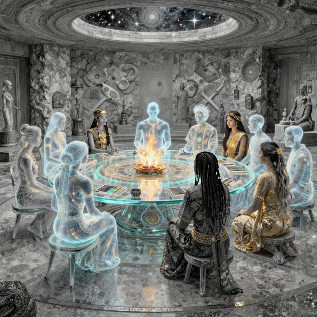 Holographic projections of ten artists from ten cultures at the One Table — 2126